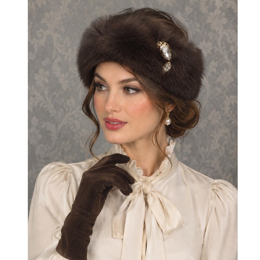 NEW Lily & Taylor Fox Fur Headband Wrap Jeweled Dark Brown Vintage Old Money